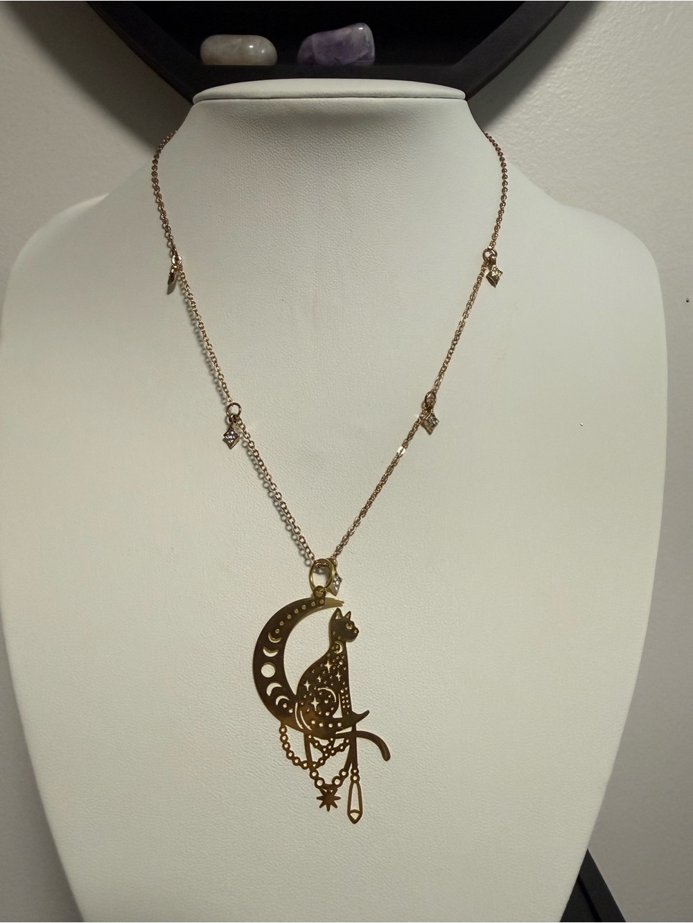Cat on Crescent Moon Pendant Necklace